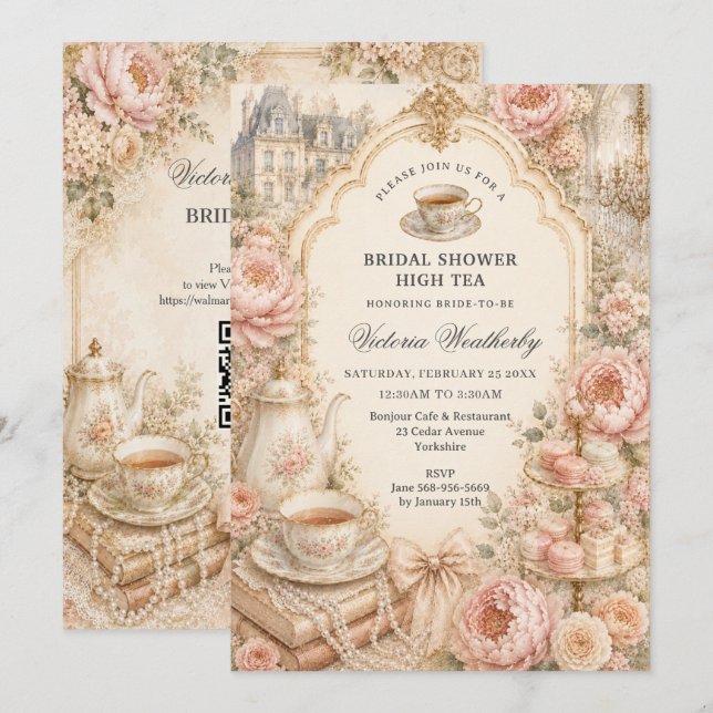 Vintage Regency Tekopps Bröllopsdusch  Inbjudningar (Fram/baksida)