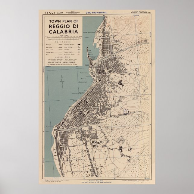 Vintage Reggio Calabria Italien Karta (1943) Poster (Framsidan)