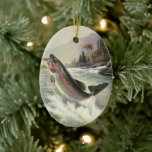 Vintage Regnbågsfisk, fiske av fiskare Julgransprydnad Keramik<br><div class="desc">Vintage som illustrerar sportens utformning med en fiskare som fiskar i en flod. En regnbåge slår och hoppar ut från vatten.</div>