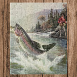 Vintage Regnbågsfisk, fiske av fiskare Pussel<br><div class="desc">Vintage som illustrerar sportens utformning med en fiskare som fiskar i en flod. En regnbåge slår och hoppar ut från vatten.</div>