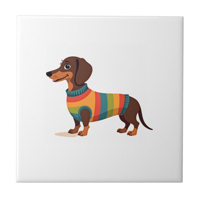 Vintage regnbågströja Dachshund Söt Lång Hund Il Kakelplatta (Framsidan)