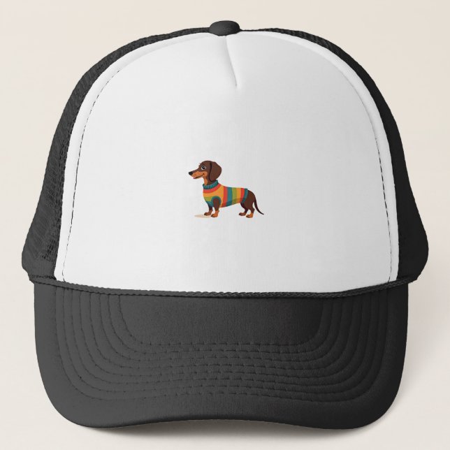 Vintage regnbågströja Dachshund Söt Lång Hund Il Keps (Framsida)