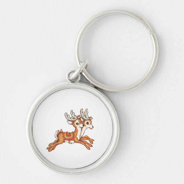 Vintage Reindeer Rund Silverfärgad Nyckelring (Framsidan)