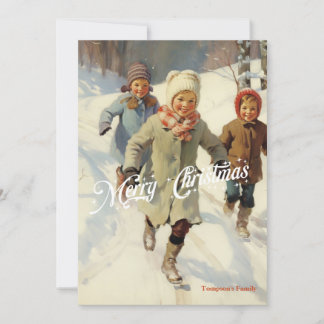 Vintage-rektor-traditionella barn som leker i snö julkort
