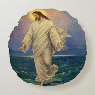 Vintage Religion, Jesus Kristus vandrar på vattnet Rund Kudde
