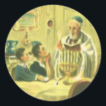 Vintage Religion, judendom, Ljuset Menorah Runt Klistermärke<br><div class="desc">Vintage illustration religiösa Judaica-bild med en kanin som tänder ljusen på Menorah under Hanukkah med två barn som tittar på.</div>