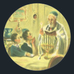 Vintage Religion, judendom, Ljuset Menorah Runt Klistermärke<br><div class="desc">Vintage illustration religiösa Judaica-bild med en kanin som tänder ljusen på Menorah under Hanukkah med två barn som tittar på.</div>