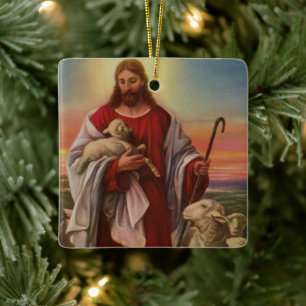 Vintage Religion, Kristus Bra Shepherd Flock Julgransprydnad Keramik