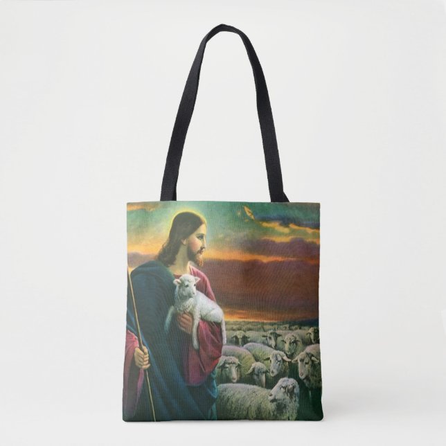 Vintage Religion, Kristus Bra Shepherd med Flock Tygkasse (Framsida)