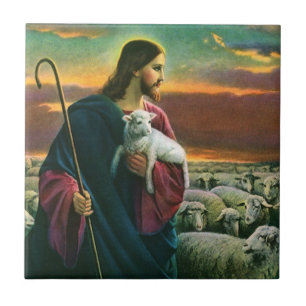 Vintage Religion, Kristus Goda Herde med Flock Kakelplatta