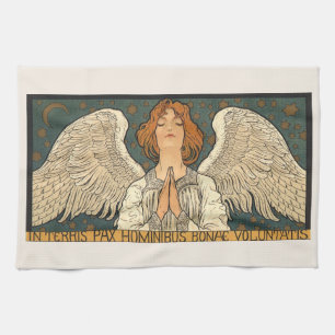Vintage religiös ängel som ber med guldstjärnor kökshandduk