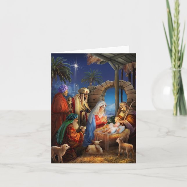 Vintage religiös högtid julkrubba helgkort (Framsida)