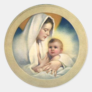 Vintage religiös jul, madonna och barn runt klistermärke