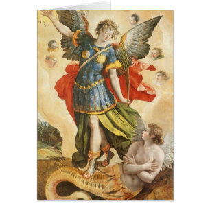Vintage religiös, Sankt Mikael besegrar Lucifer Hälsningskort