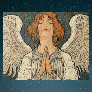 Vintage Religiösa Angel Praying with Guld Stars Pussel
