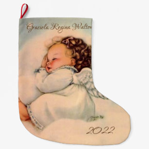 Vintage Religiösa Baby Angel Sleeping Large Chris Stor Julstrumpa