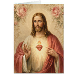 Vintage Religiösa Heart Jesus Årsdag katolsk Hälsningskort