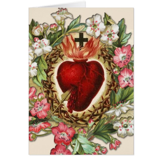 Vintage Religiösa Heart Jesus Blommigt katolik Hälsningskort (Framsidan)