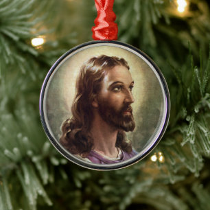 Vintage Religiösa, Jesus Kristus Porträtt med Halo Julgransprydnad Metall