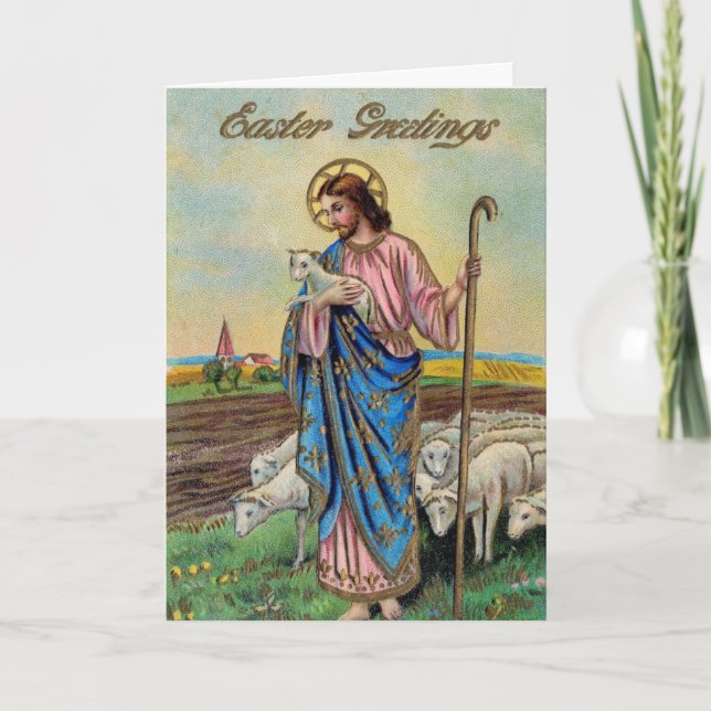 Vintage Religiösa Påsk Card, Jesus Shepherd. Helgkort (Framsida)