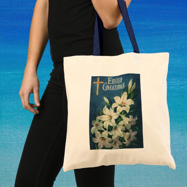Vintage Religiösa Påsk Hälsning, Lily Flowers Tygkasse (Skapare uppladdad)