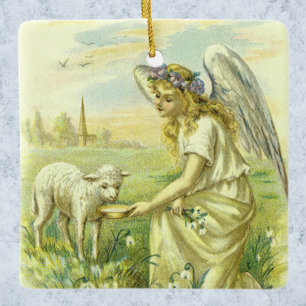 Vintage Religiösa Påsk Victorian Angel med Lamb Julgransprydnad Keramik