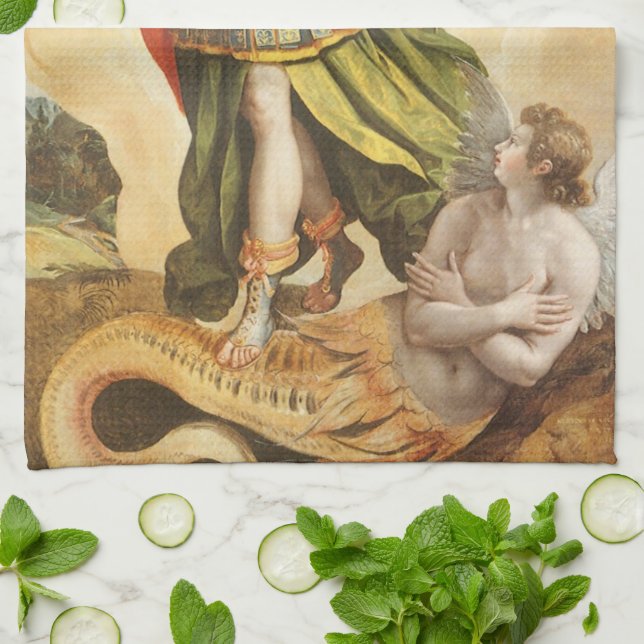 Vintage Religiösa, Saint Michael Defeats Lucifer Kökshandduk (Vikta)