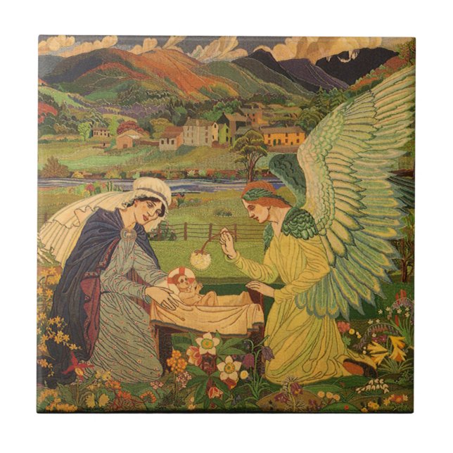 Vintage Religiösa Tapestry med Baby Jesus Kristus Kakelplatta (Framsidan)