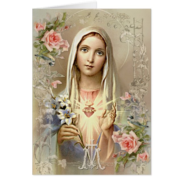 Vintage Religiösa Virgin Mary Årsdag katolsk Hälsningskort (Framsidan)