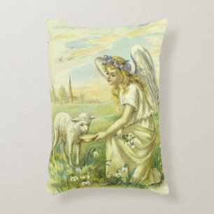 Vintage religiöst påsk- victoriansk ängel med lamm prydnadskudde