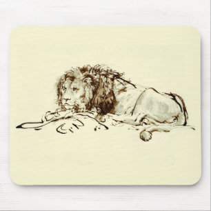 Vintage Rembrandt Bläck Sketch av Lejon Musmatta