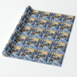 Vintage Ren i snöig stuga julmålning Presentpapper