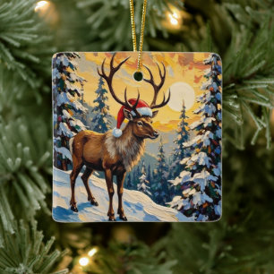 Vintage ren med jultomtehatt i snöig skog julgransprydnad keramik