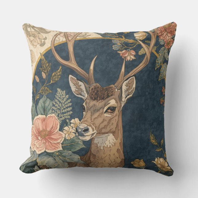 Vintage,  Ren och blommor Mönster Kudde (Framsida)