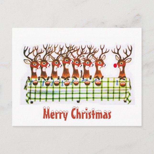 Vintage Rener äter med Rudolf jul Vykort (Framsida)