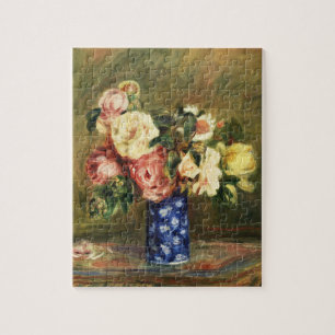 Vintage Renoir Rosa Rosbukett Blå Vas Konst Pussel