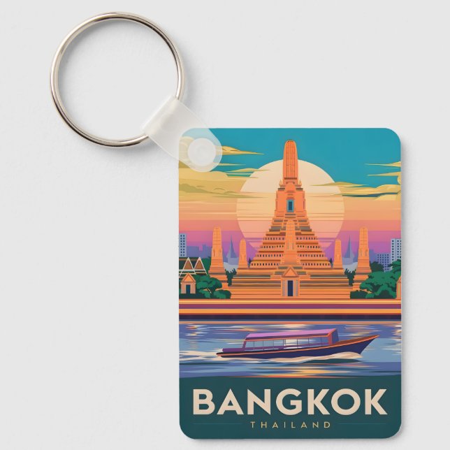 Vintage Resa Bangkok Thailand Solnedgångs Tempelsc Nyckelring (Framsida)