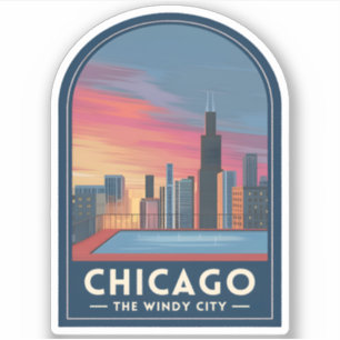 Vintage Resa Chicago Solnedgång Stadssiluett Klistermärken