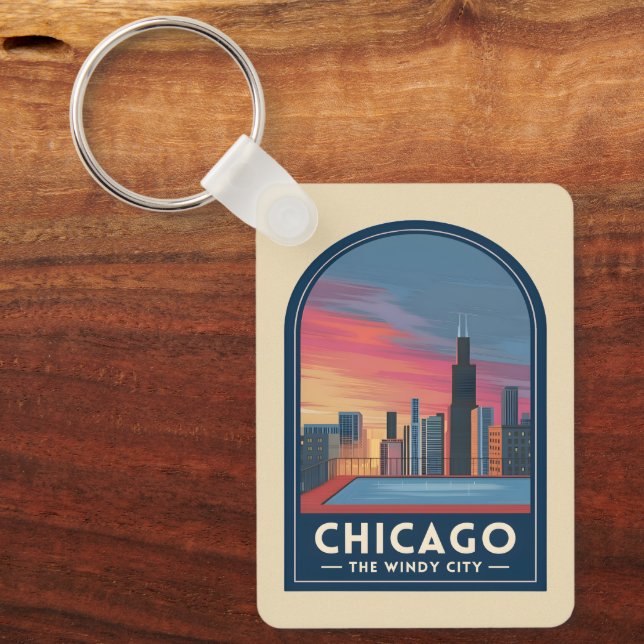 Vintage Resa Chicago Solnedgång Stadssiluett Nyckelring (Framsida)