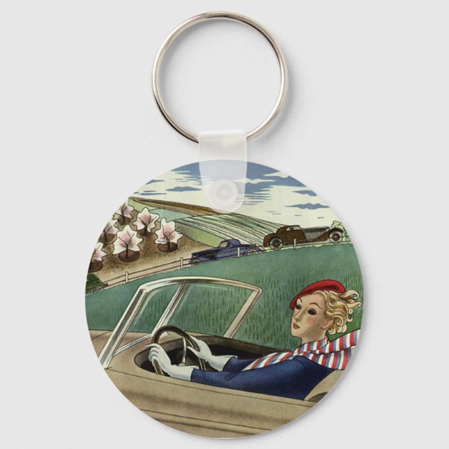 Vintage Resa, Elegant Kvinna i Cabriolet Nyckelring (Framsida)
