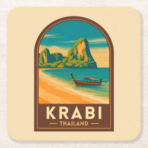 Vintage Resa Krabi Thailand Railay Strand Retro Underlägg Papper Kvadrat