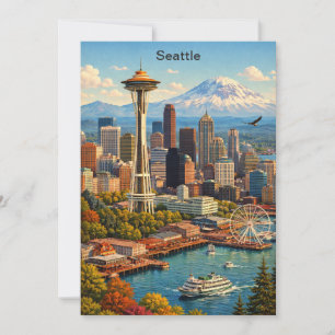 Vintage Resa Seattle Washington Siluettvy Kort