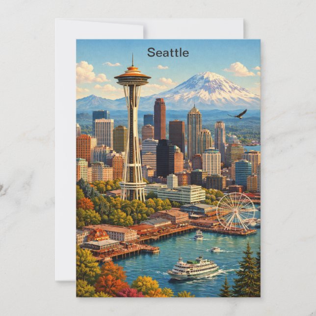 Vintage Resa Seattle Washington Siluettvy Kort (Framsida)