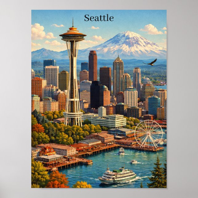 Vintage Resa Seattle Washington Siluettvy Poster (Framsidan)