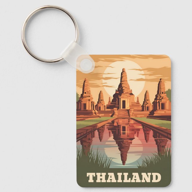 Vintage Resa Thailand Buddhisttempel Solnedgång Nyckelring (Framsida)