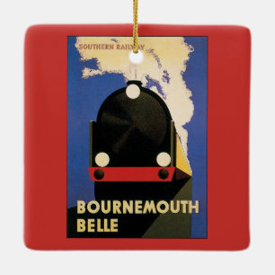 Vintage reseaffisch, Bournemouth Belle-tåg Julgransprydnad Keramik