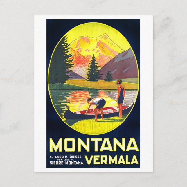 Vintage resemaffisch för Montana, Schweiz, Vykort (Framsida)
