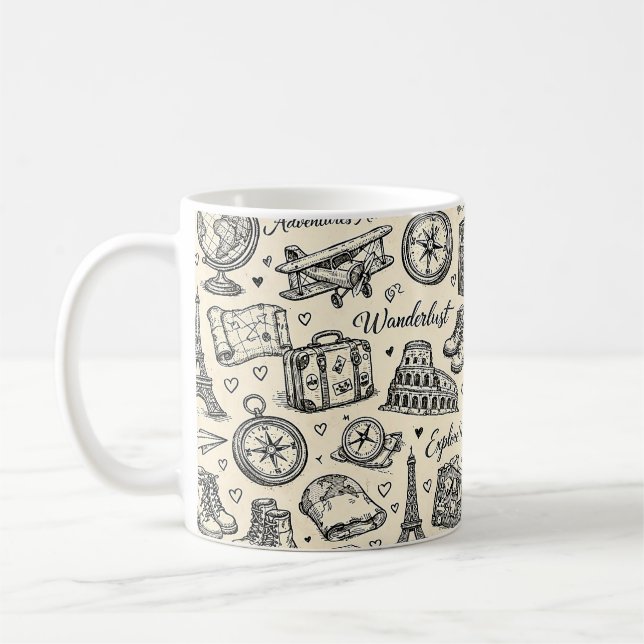 Vintage Resemålventyr Sömlöst Mönster Kaffemugg (Vänster)