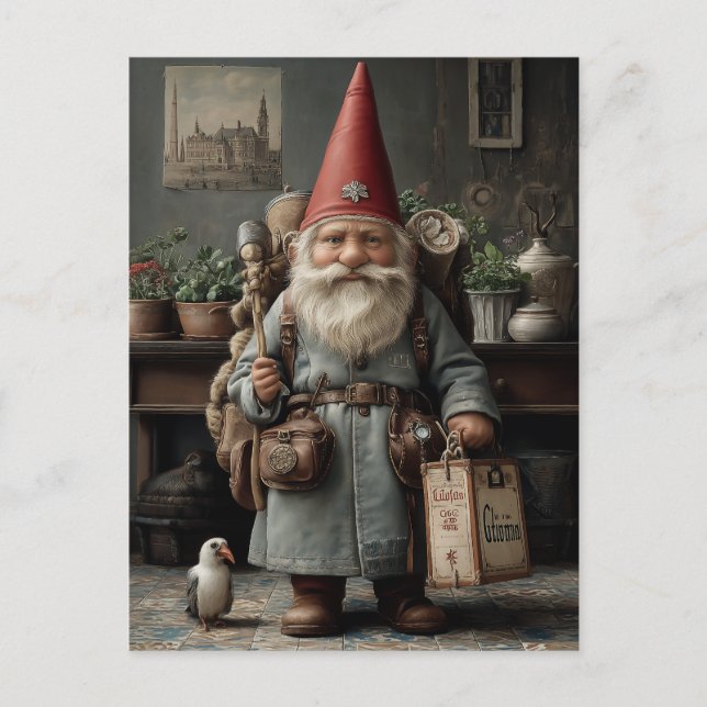 Vintage Resenär Jul Tomte Vykort (Framsida)