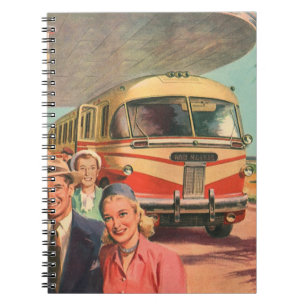Vintage-resenärer på semester vid busstationen anteckningsbok med spiral